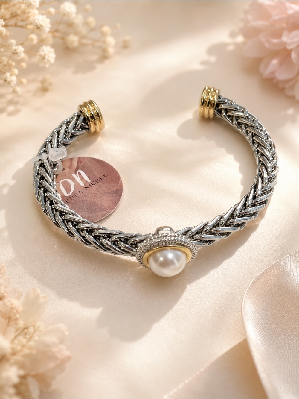 Silver Braided Pearl Cuff Bracelet with Gold Accents